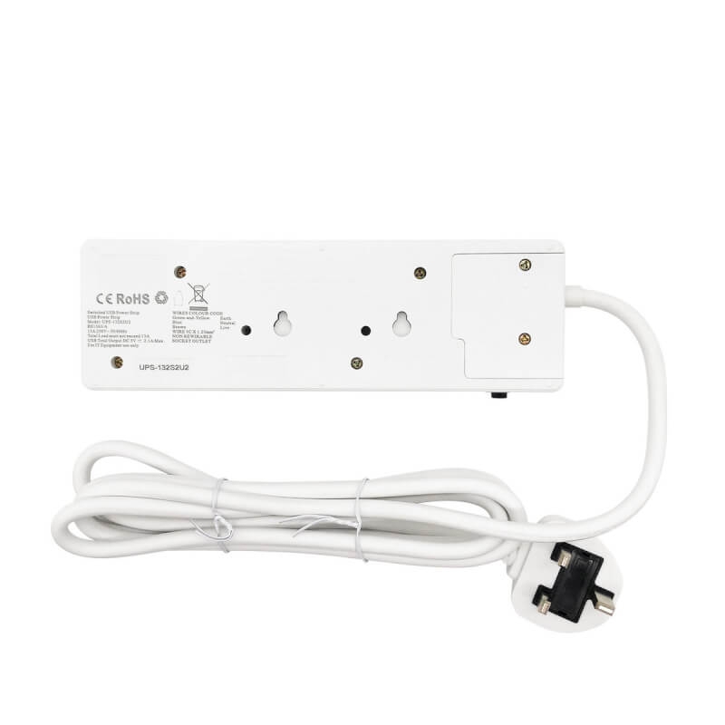 2x13A+2xUSB Overcurrent Protected NEON SWITCHED 2M Cable Power Strip Trailing Socket UPS-132S2U2