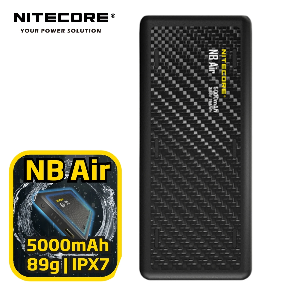 Nitecore NB Air Powerbank – 5000mAh, Slechts 89 G, Carbon Behuizing, 18W PD+QC 3.0, IPX7 Waterdicht – Ultralicht Voor Outdoor, Trekking & Kamperen
